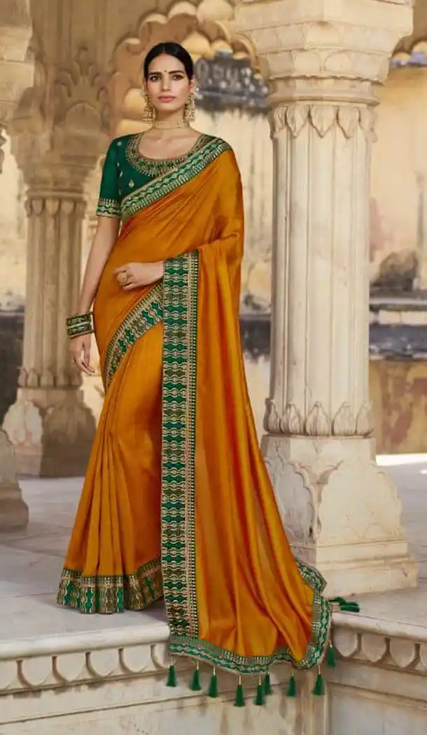 Musterd Color Heavy Vichitra Silk Designer Party Wear Saree Blouse -9389110859
