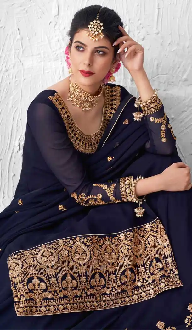 Navy Blue Color Real Georgette Designer Party Wear Lehenga Suit -9393110879