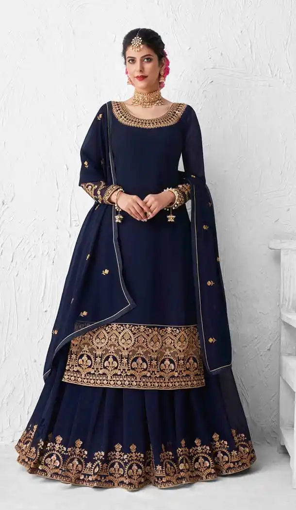 Navy Blue Color Real Georgette Designer Party Wear Lehenga Suit -9393110879