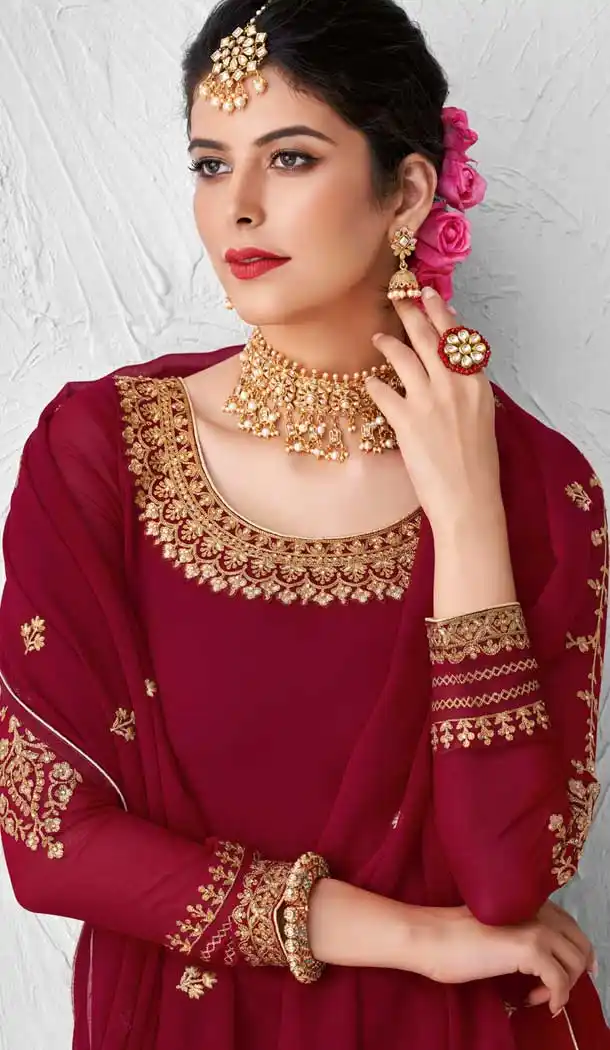 Captivating Maroon Color Real Georgette Designer Party Wear Lehenga Suit -9393110880