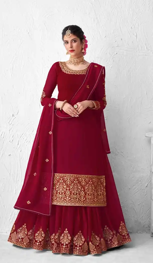 Captivating Maroon Color Real Georgette Designer Party Wear Lehenga Suit -9393110880