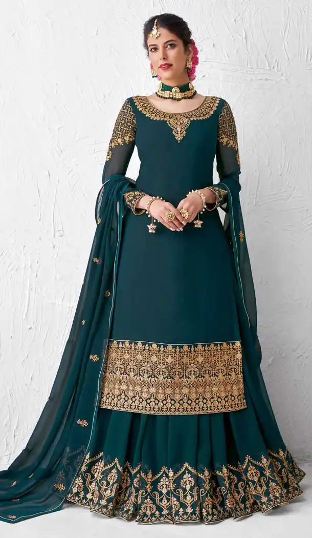 Teal Blue Color Real Georgette Designer Party Wear Lehenga Suit -9393110883