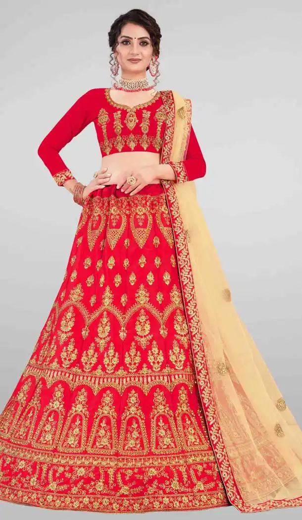 Red Color Satin Silk Heavy Embroidered Traditional Wear Lehenga Choli -9408110998