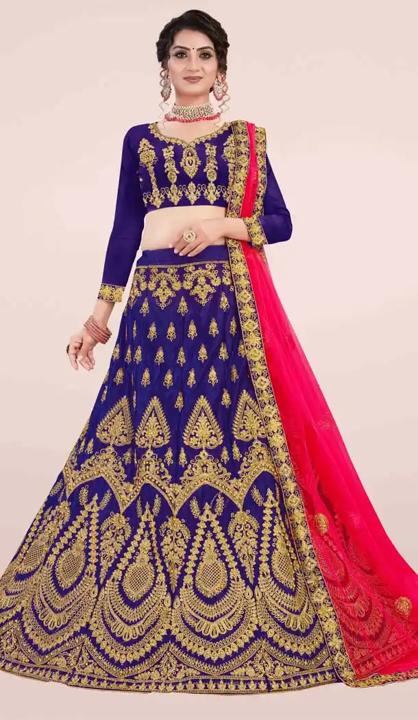 Blue Color Satin Silk Heavy Embroidered Traditional Wear Lehenga Choli -9408110999