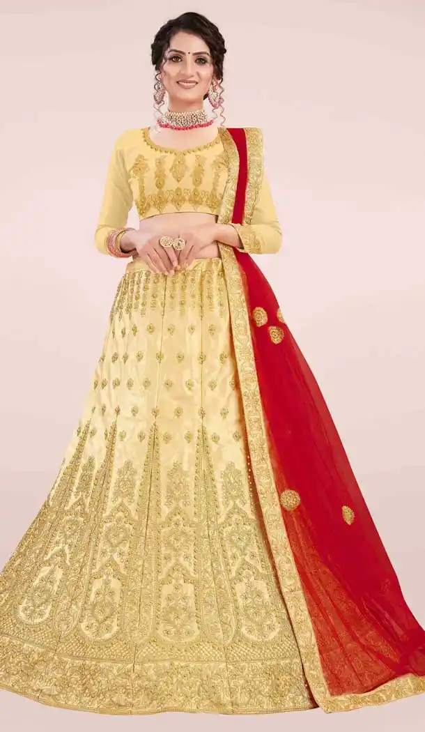 Beige Color Satin Silk Heavy Embroidered Traditional Wear Lehenga Choli -9408111002