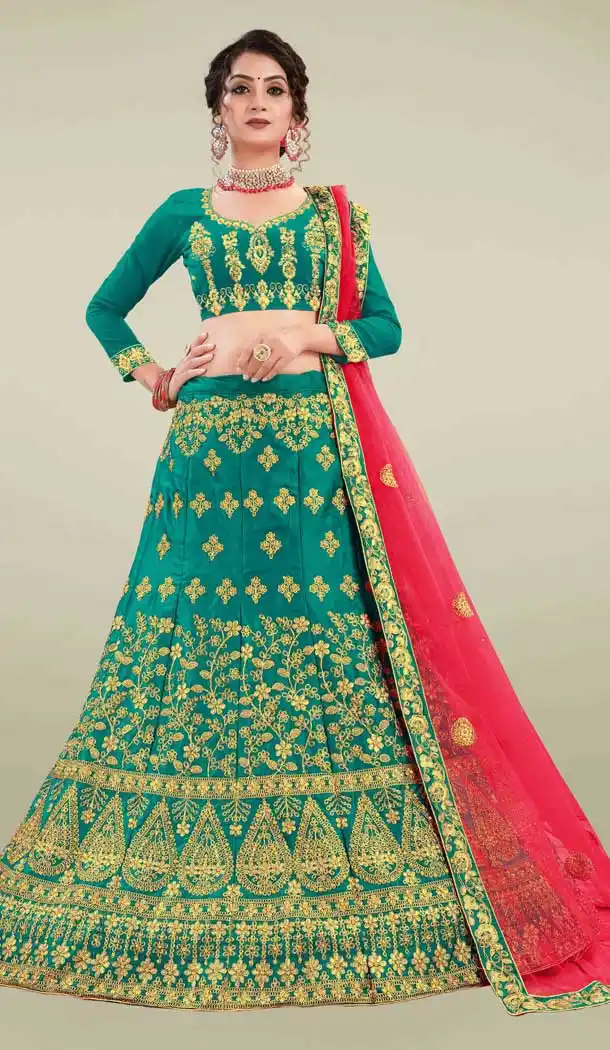 Green Color Satin Silk Heavy Embroidered Traditional Wear Lehenga Choli -9408111003