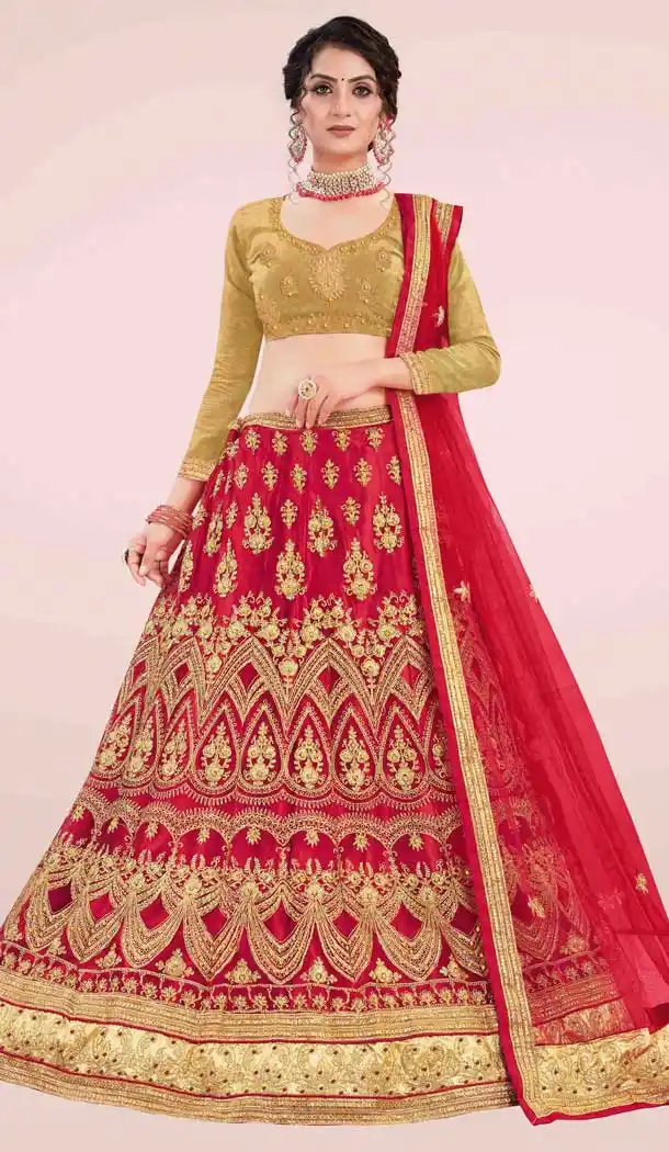 Red Color Net Heavy Embroidery Work Traditional Wear Lehenga Choli -9409111004