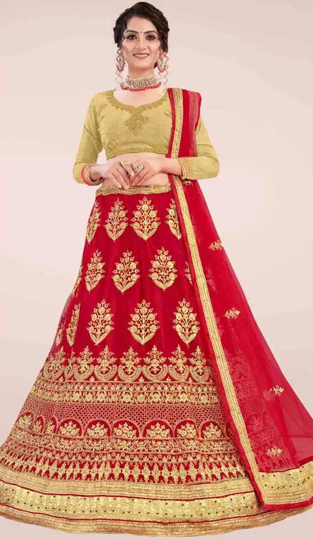 Mesmerizing Red Color Net Heavy Embroidery Work Traditional Wear Lehenga Choli -9409111006