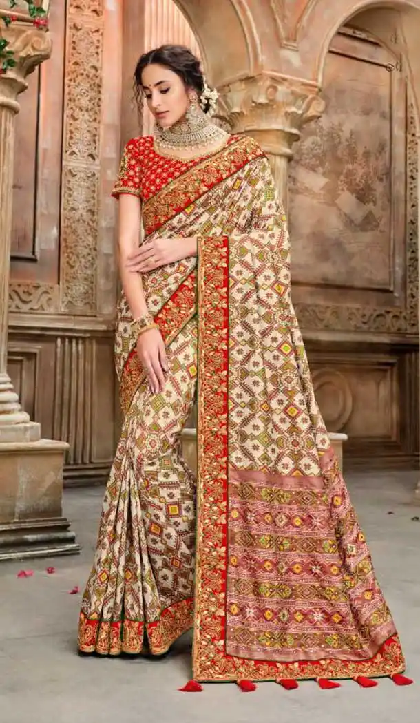 Off White Color Patan Patola Pure Silk Bridal Wedding Wear Saree Blouse -9420111094