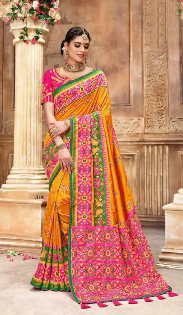 Musterd Color Patan Patola Pure Silk Bridal Wedding Wear Saree Blouse -9420111095