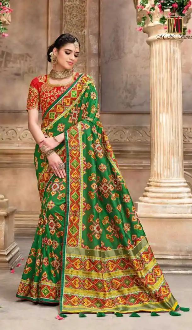 Green Color Patan Patola Pure Silk Bridal Wedding Wear Saree Blouse -9420111098