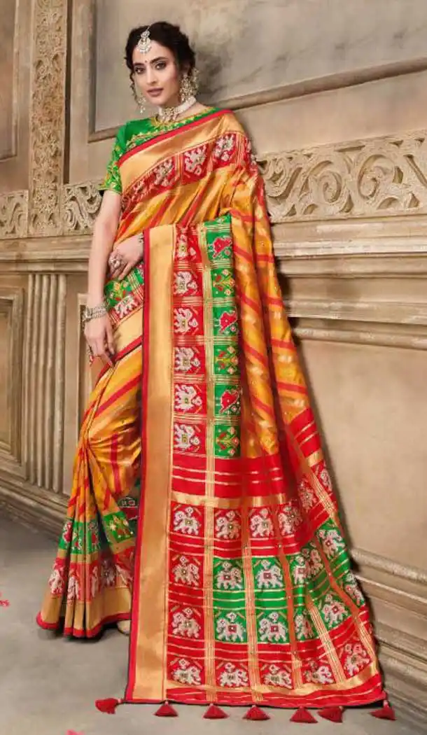 Gleaming Multi Color Patan Patola Pure Silk Bridal Wedding Wear Saree Blouse -9420111099