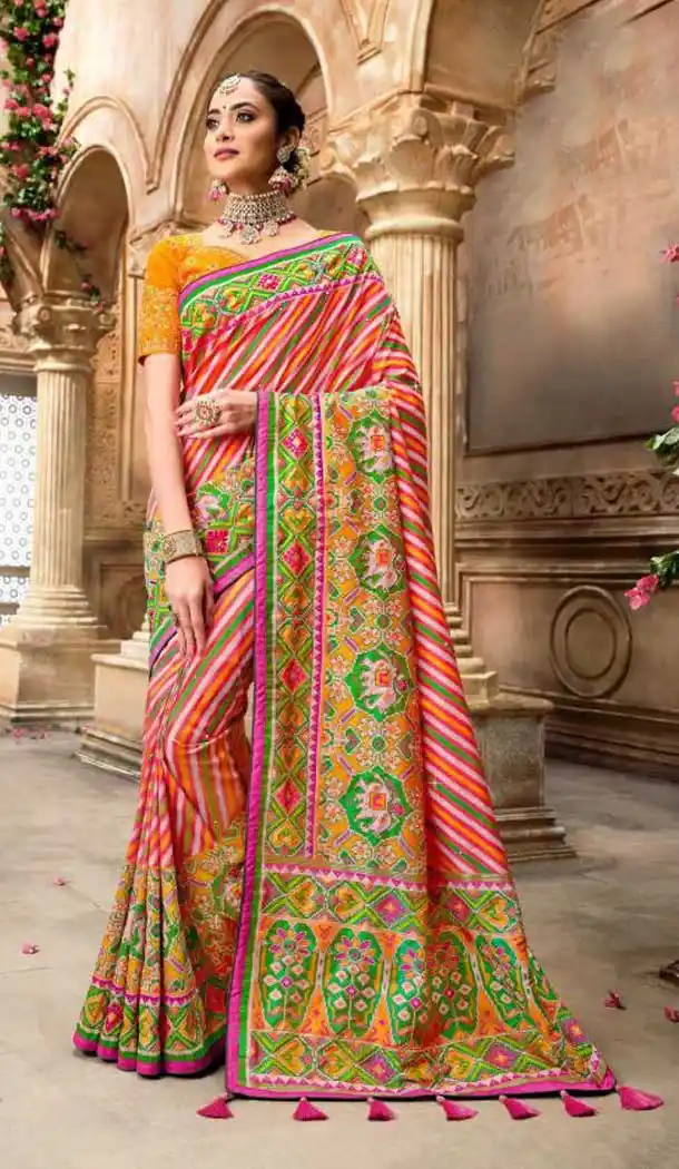 Unique Multi Color Patan Patola Pure Silk Bridal Wedding Wear Saree Blouse -9420111100