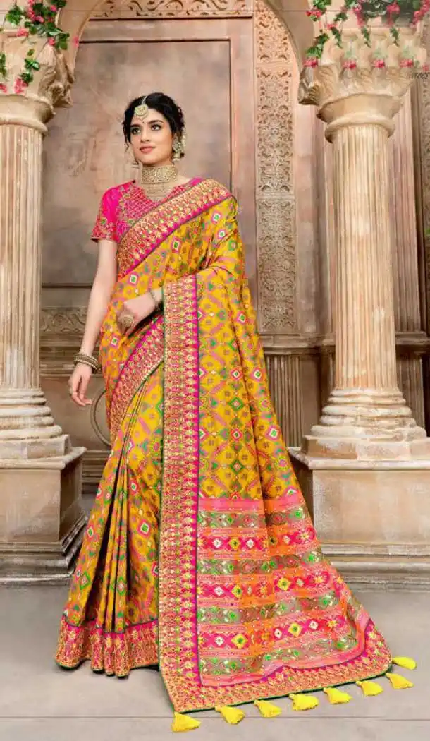 Yellow Color Patan Patola Pure Silk Bridal Wedding Wear Saree Blouse -9420111103
