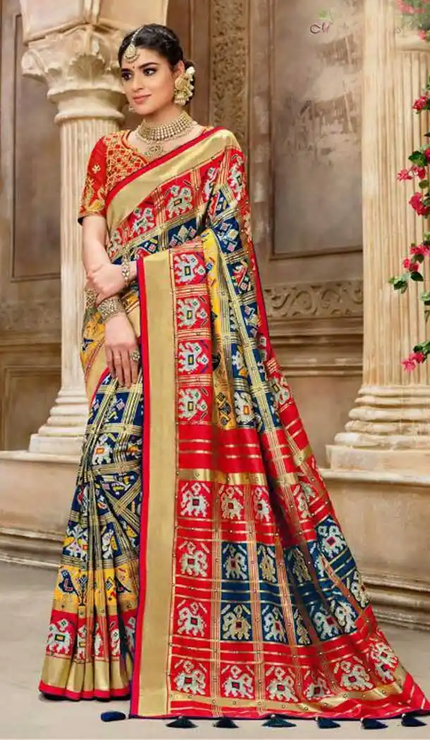 Enigmatic Multi Color Patan Patola Pure Silk Bridal Wedding Wear Saree Blouse -9420111104