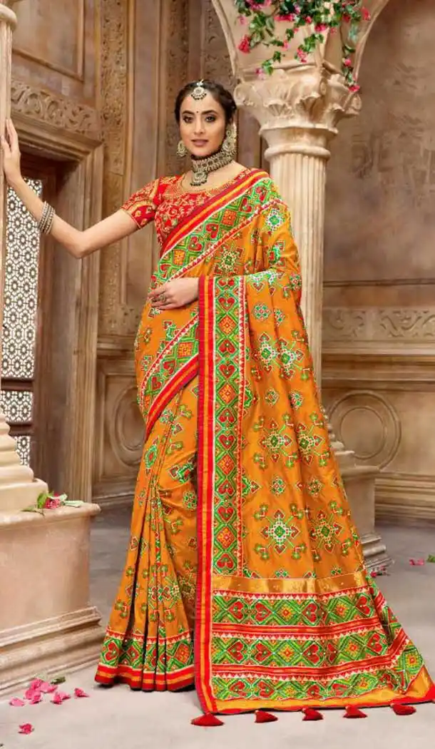 Musterd Color Patan Patola Pure Silk Bridal Wedding Wear Saree Blouse -9420111109