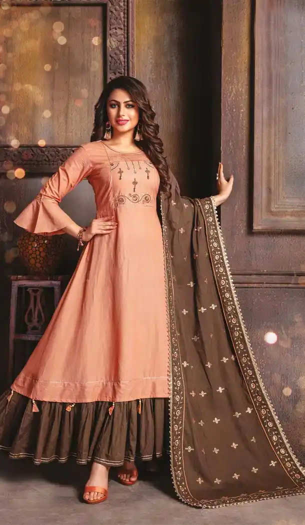 Peach Color Cotton Mal Designer Party Wear Readymade Kurtis -9424111134