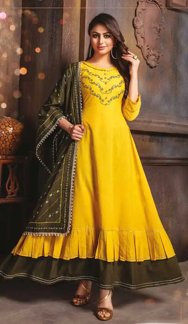 Classy Yellow Color Cotton Mal Designer Party Wear Readymade Kurtis -9424111135