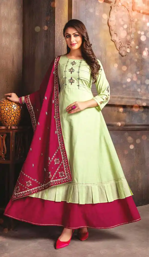Light Green Color Cotton Mal Designer Party Wear Readymade Kurtis -9424111137