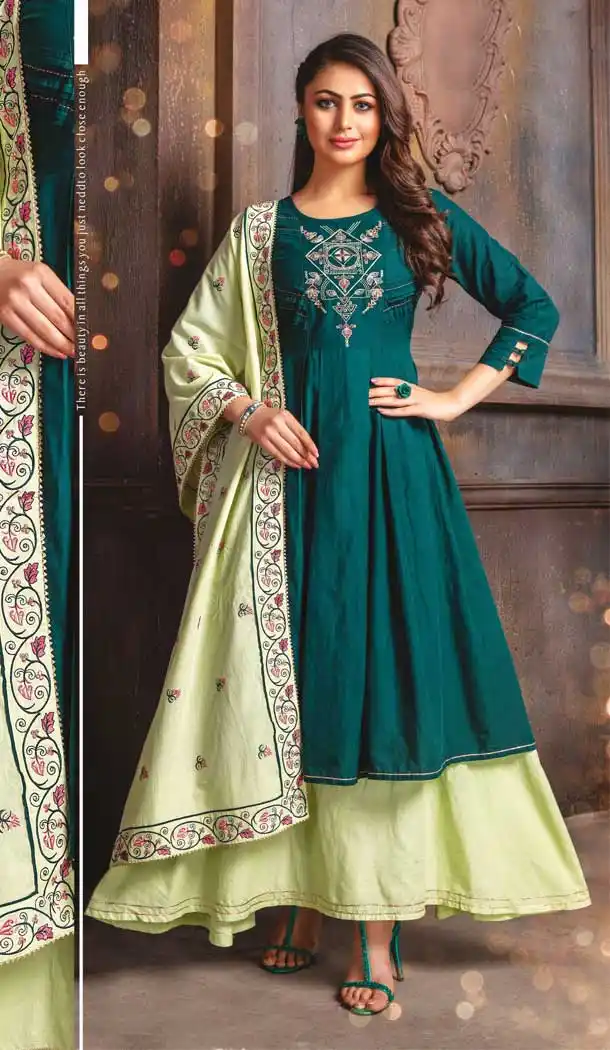 Teal Green Color Cotton Mal Designer Party Wear Readymade Kurtis -9424111138