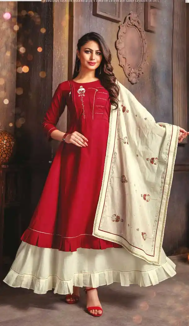 Chic Red Color Cotton Mal Designer Party Wear Readymade Kurtis -9424111140