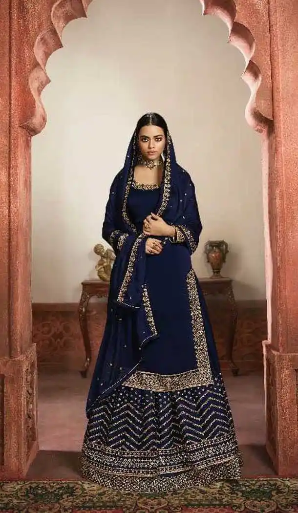 Navy Blue Color Rangoli Georgette Heavy Embroidery Designer Lehenga Suit -9434111203