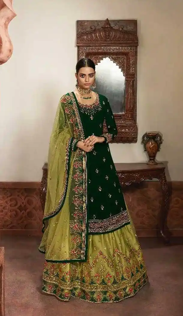 Green Color Faux Georgette Heavy Embroidery Designer Lehenga Suit -9434111205