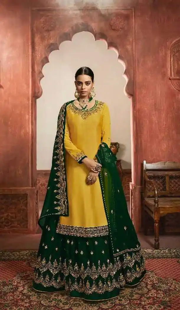 Yellow Color Georgette Satin Heavy Embroidery Designer Lehenga Suit -9434111207