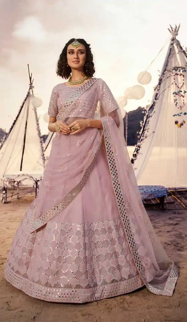 Blush Pink Color Organza Foil Mirror Work Designer Wedding Lehenga Choli -9438111246