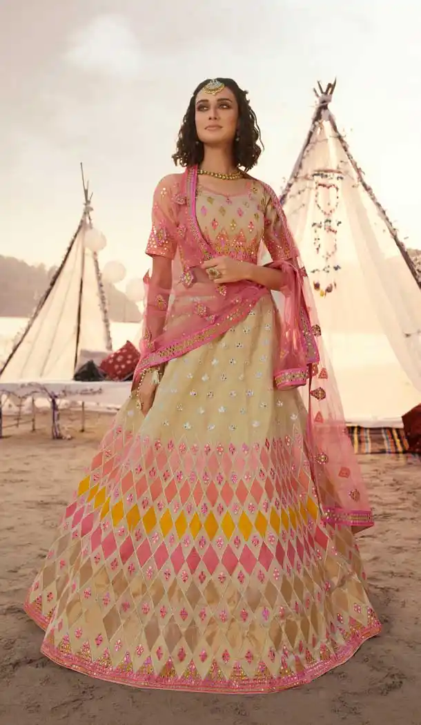 Adorable Beige Color Organza Foil Mirror Work Designer Wedding Lehenga Choli -9438111247