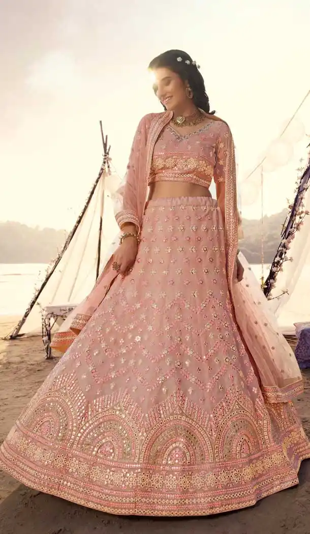 Peach Color Organza Foil Mirror Work Designer Wedding Lehenga Choli -9438111248