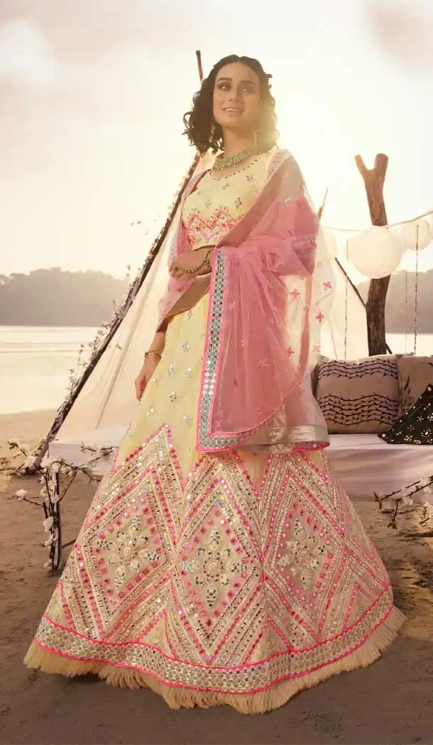 Cream Color Organza Foil Mirror Work Designer Wedding Lehenga Choli -9438111249