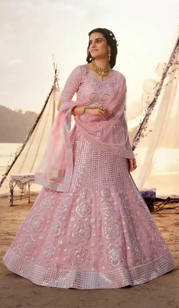 Light Pink Color Organza Foil Mirror Work Designer Wedding Lehenga Choli -9438111250