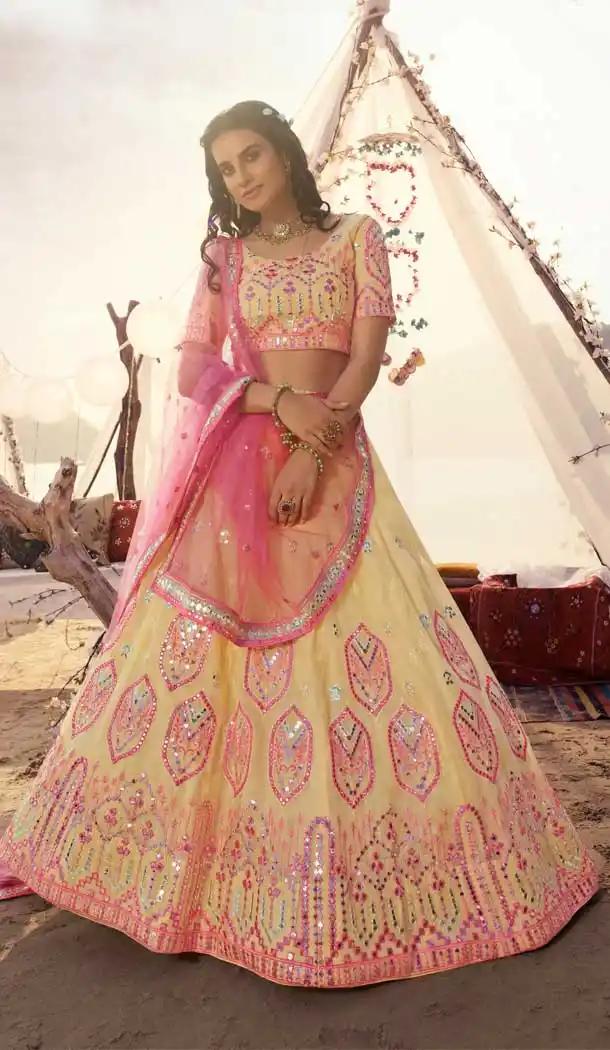 Cream Color Organza Foil Mirror Work Designer Wedding Lehenga Choli -9438111251