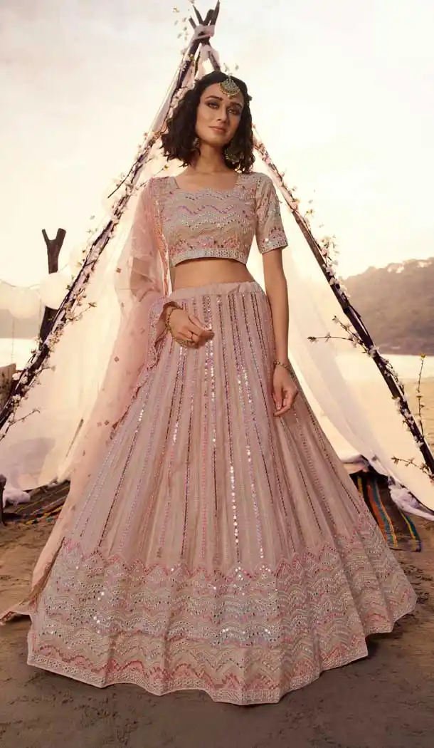 Crepe Pink Color Organza Foil Mirror Work Designer Wedding Lehenga Choli -9438111252