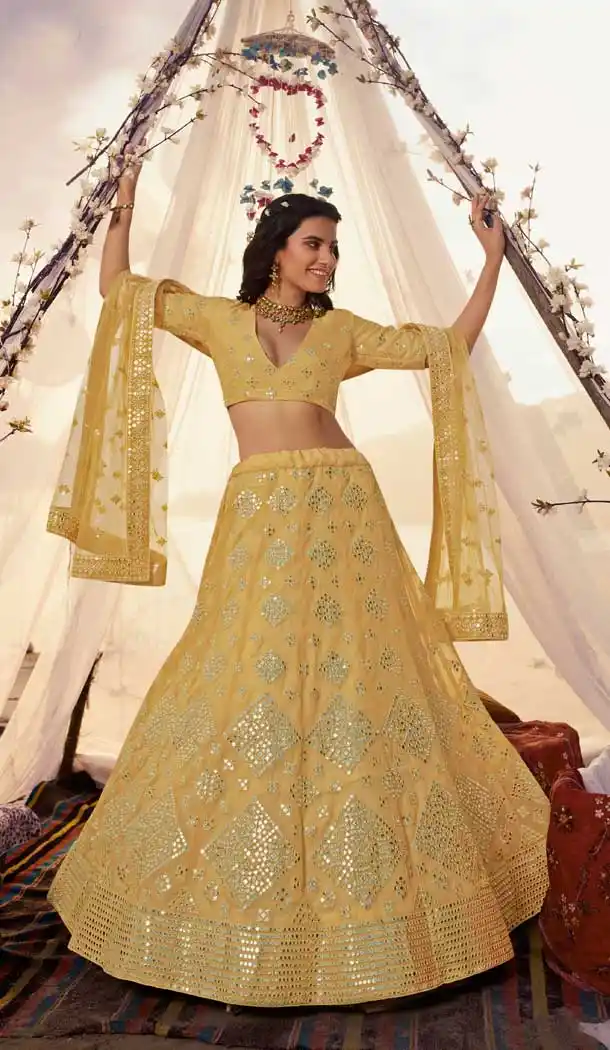 Musterd Color Organza Foil Mirror Work Designer Wedding Lehenga Choli -9438111253