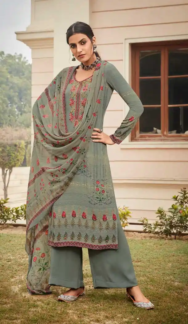 Khakhi Grey Color French Crepe Printed Summer Wear Palazzo Salwar Kameez -9443111277