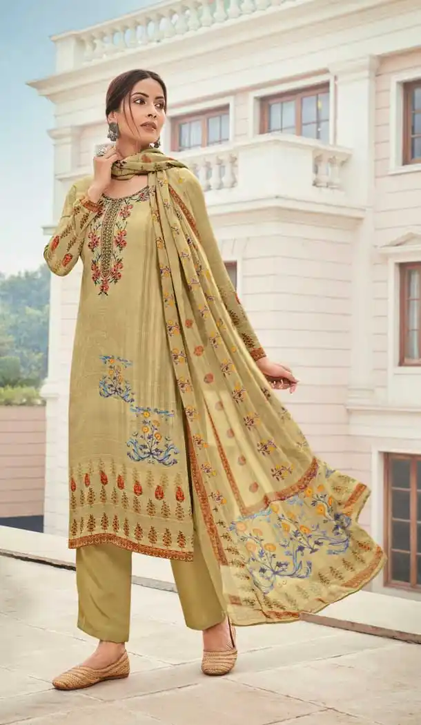 Tranquil Cream Color French Crepe Printed Summer Wear Palazzo Salwar Kameez -9443111281