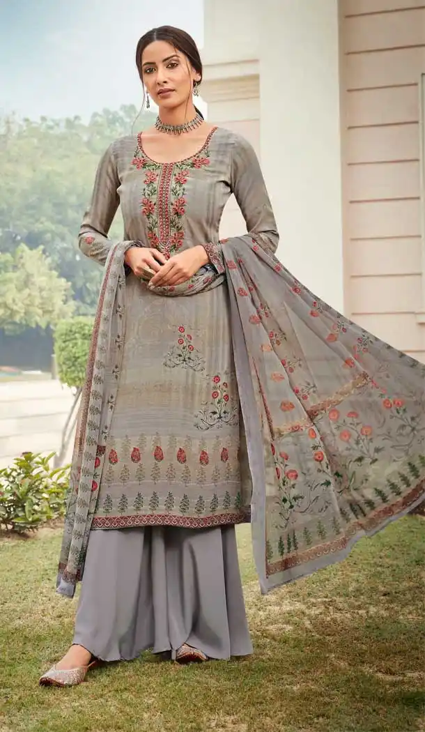 Sparkling Grey Color French Crepe Printed Summer Wear Palazzo Salwar Kameez -9443111284