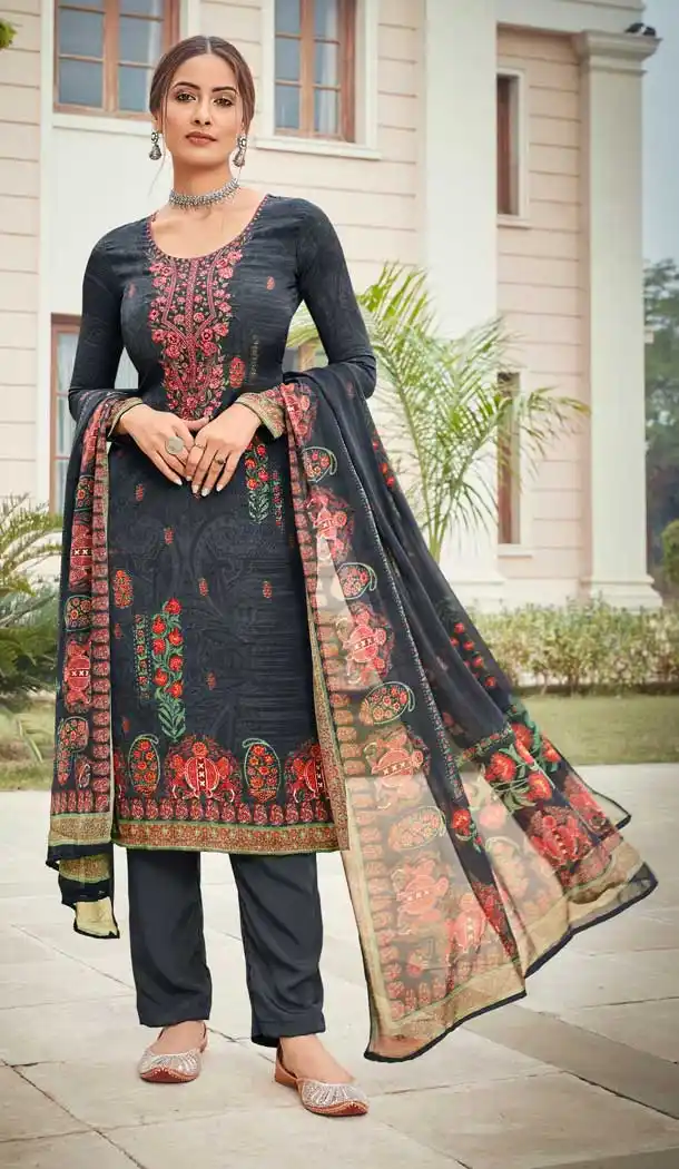 Stone Grey Color French Crepe Printed Summer Wear Palazzo Salwar Kameez -9443111287