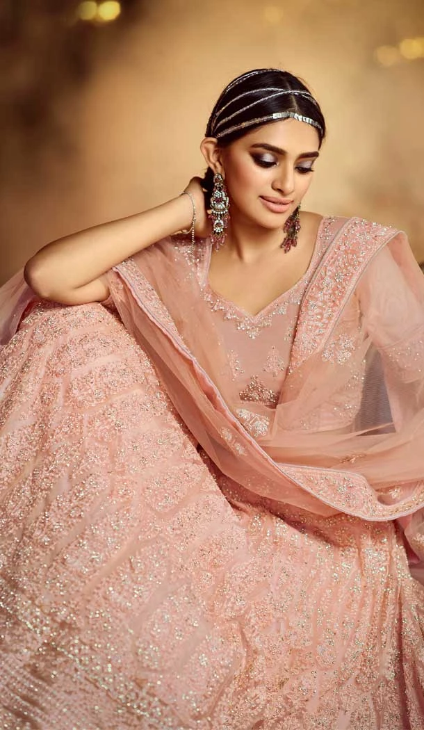 Peach Color Soft Net Designer Bridal Wedding Wear Lehenga Choli For Women -9450111394