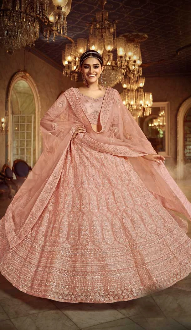 Peach Color Soft Net Designer Bridal Wedding Wear Lehenga Choli For Women -9450111394