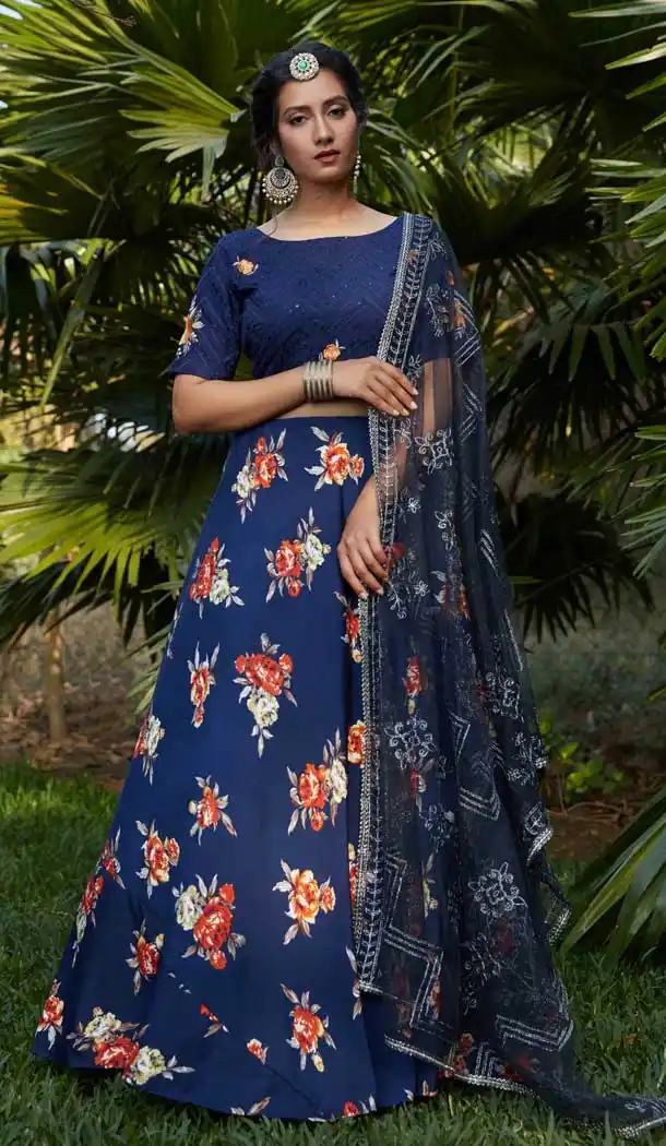 Navy Blue Color Silk Crepe Designer Heavy Fancy Party Wear Lehenga Choli -9458111430