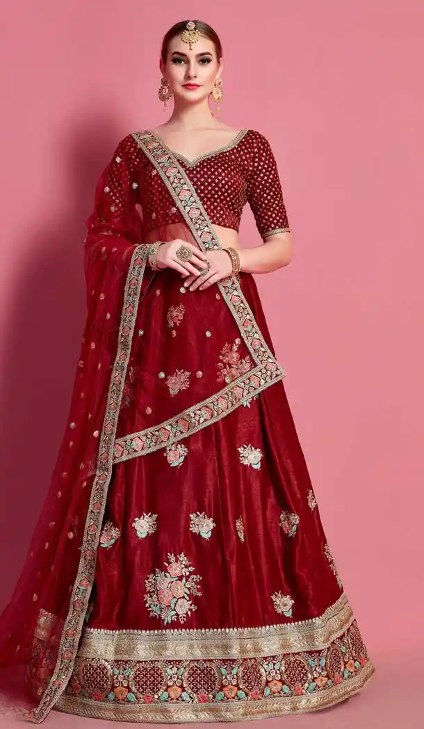 Maroon Color Velvet Silk Heavy Embroidered Work Designer Lehenga Choli -9462111468