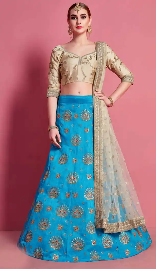 Sky Blue Color Velvet Silk Heavy Embroidered Work Designer Lehenga Choli -9462111469