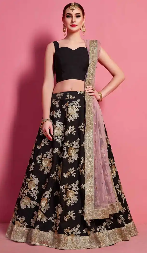 Black Color Crepe Silk Heavy Embroidered Work Designer Lehenga Choli -9462111476