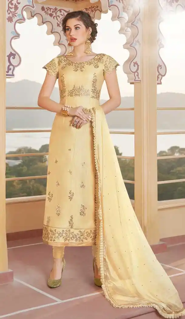 Elegant Gold Color Heavy Pure Chanderi Designer Party Wear Salwar Kameez -9460111458