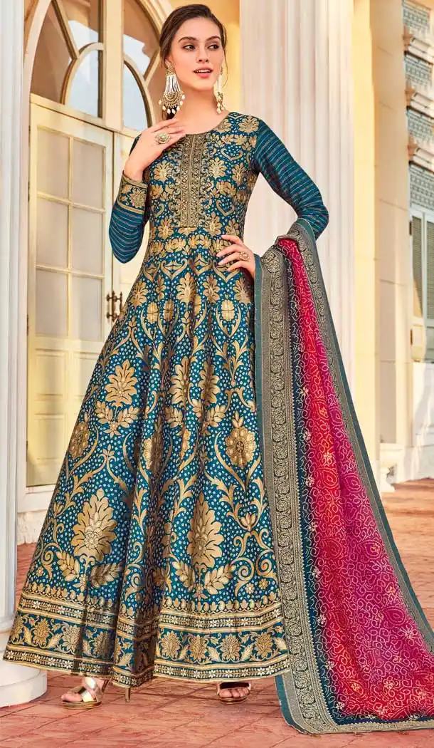 Teal Blue Color Heavy Jacquard Silk Designer Readymade Party Wear Gown -9461111464