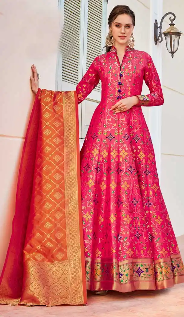 Pink Color Heavy Jacquard Silk Designer Readymade Party Wear Gown -9461111465