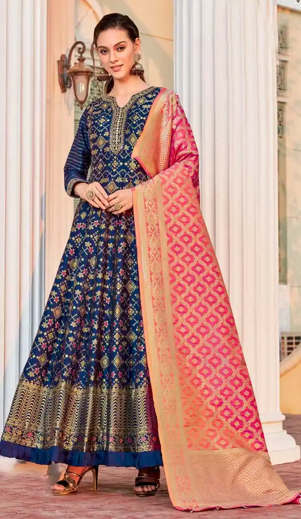 Navy Blue Color Heavy Jacquard Silk Designer Readymade Party Wear Gown -9461111466